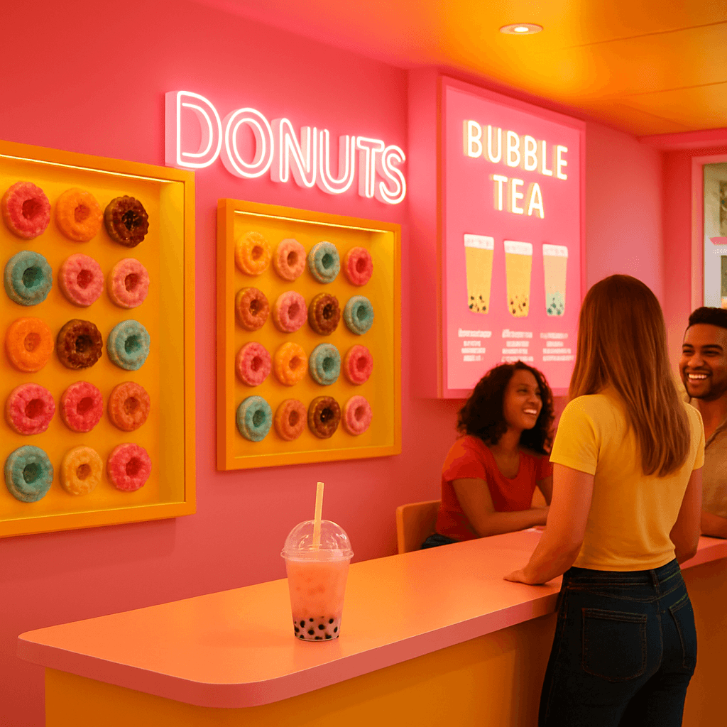 Innenraum eines Monkey Donuts & Bubble Tea Standorts mit bunten Donuts und Bubble Tea Theke